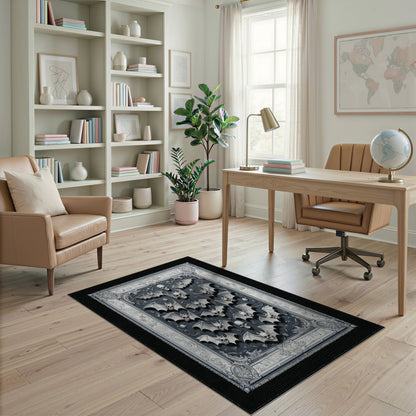 Black and White Gothic Skull Bat Black White Area Rug