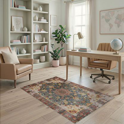 Blue and Teal Distressed Blue Medallion Vintage Area Rug