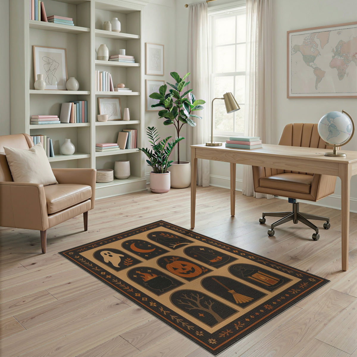 Halloween Folk Art Area Rug in Brown Tan