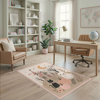 Beige and Neutral Whimsical Halloween Ghost Cat Area Rug