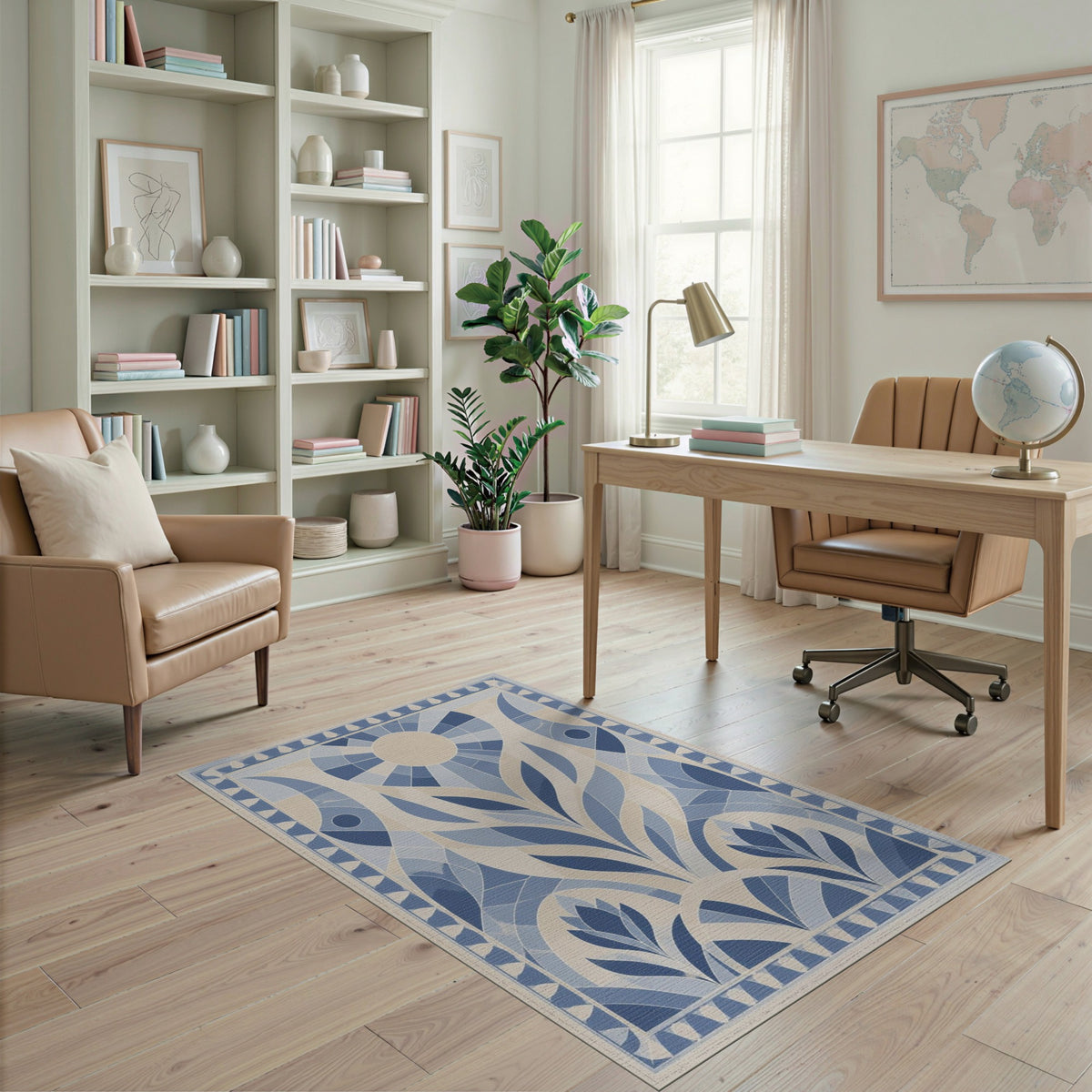 Blue and Teal Blue Geometric Sunburst Area Rug