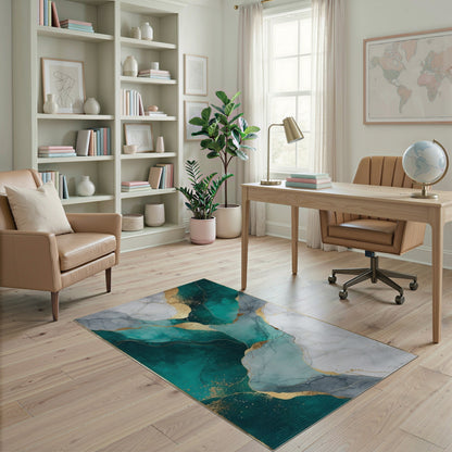 Abstract Area Teal Gold Marble Abstract Area Rug