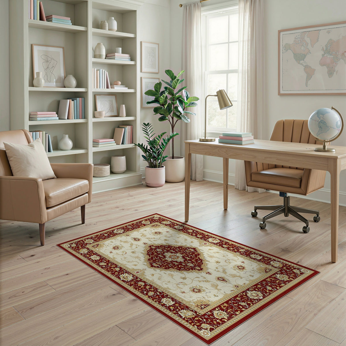 Red Persian Floral Area Rug with Ivory Center
