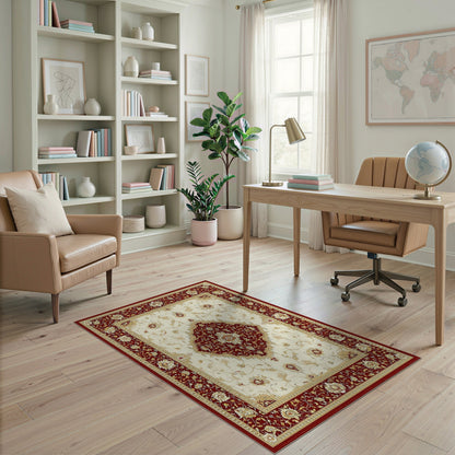 Red Persian Floral Area Rug with Ivory Center