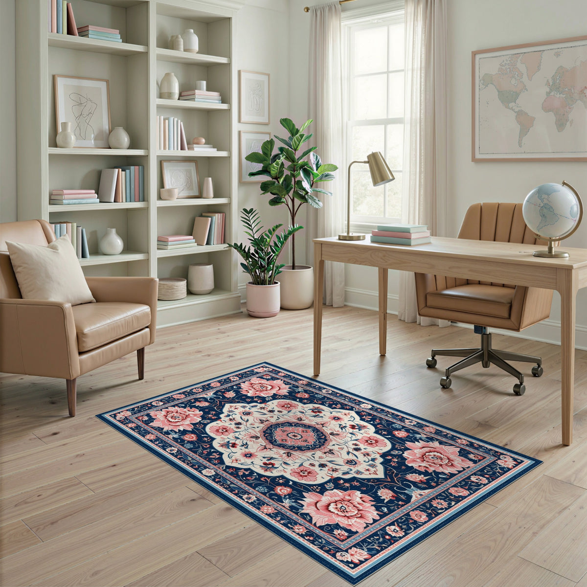 Navy Blue Pink Floral Medallion Area Rug