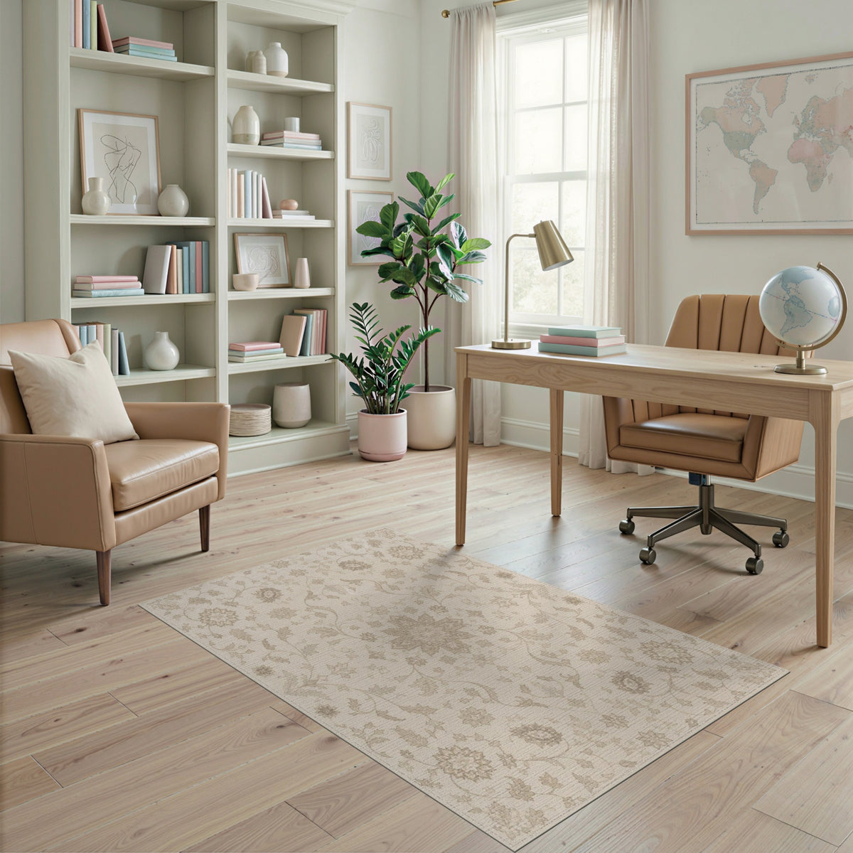Beige and Neutral Beige Floral Medallion Area Rug