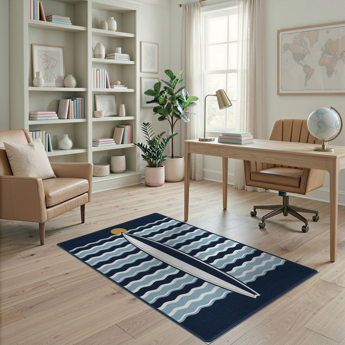 Coastal Surfboard Blue Waves Area Rug