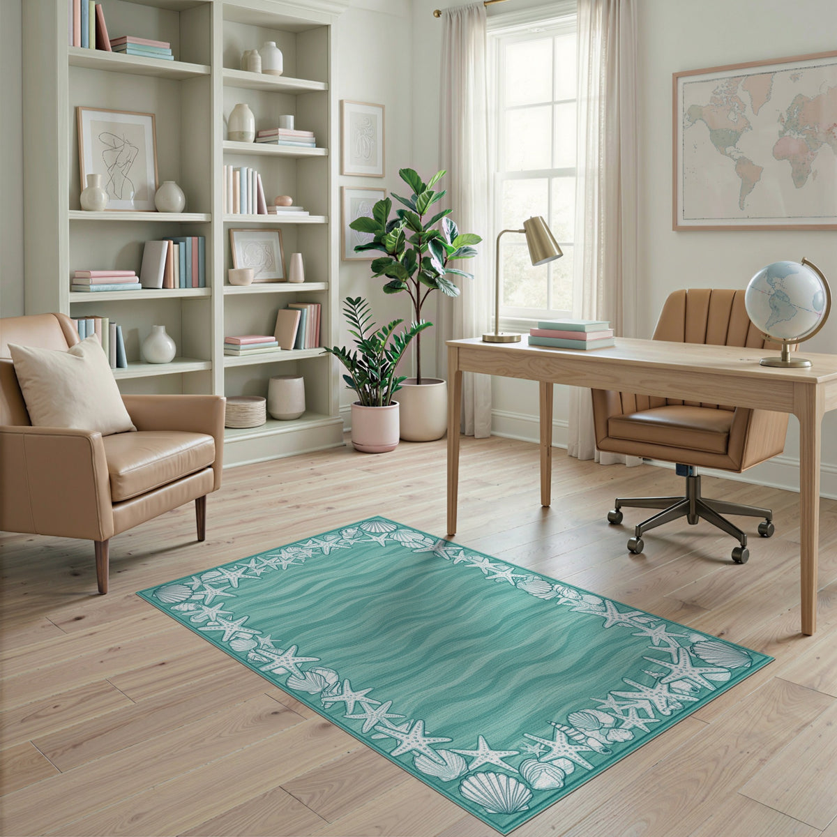 Blue and Teal Seashell Starfish Coastal Area Rug