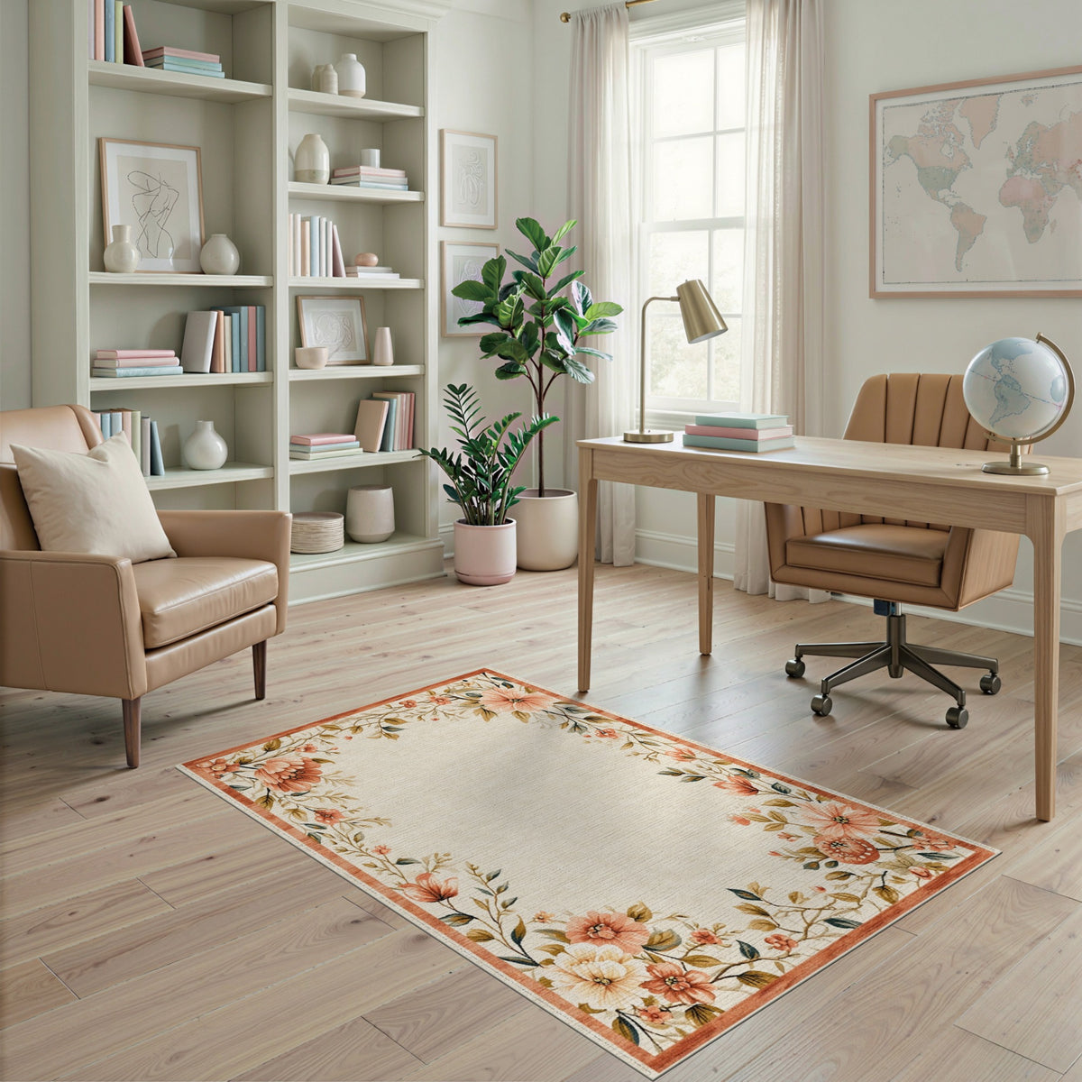 Beige and Neutral Vintage Peach Floral Beige Area Rug