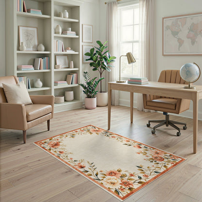 Beige and Neutral Vintage Peach Floral Beige Area Rug