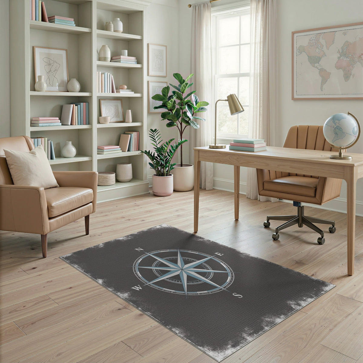 Blue Compass Rose Distressed Area Rug