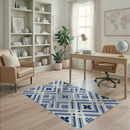 Blue Geometric Floral Washable Area Rug