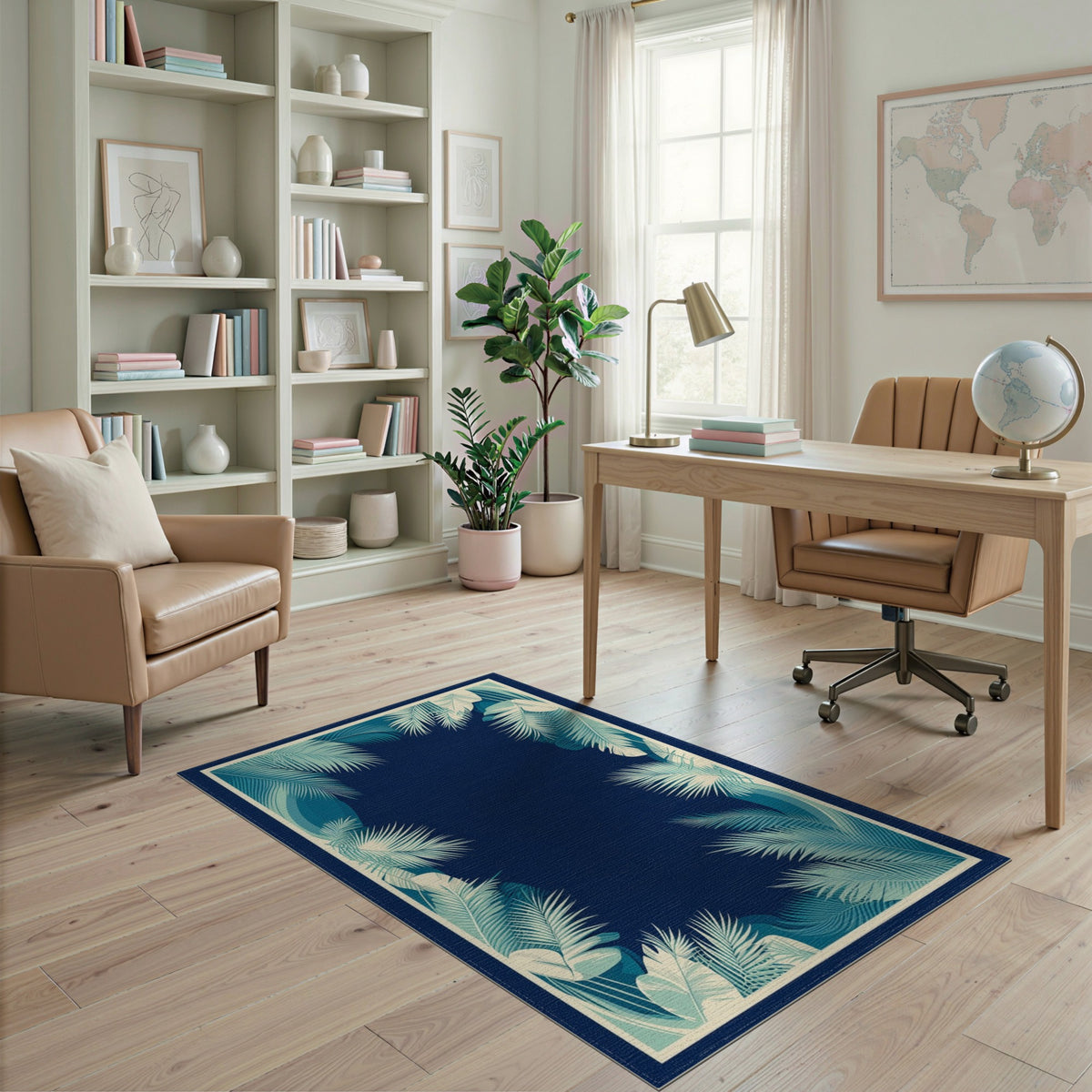 Blue Teal Palm Leaf Coastal Area Rug