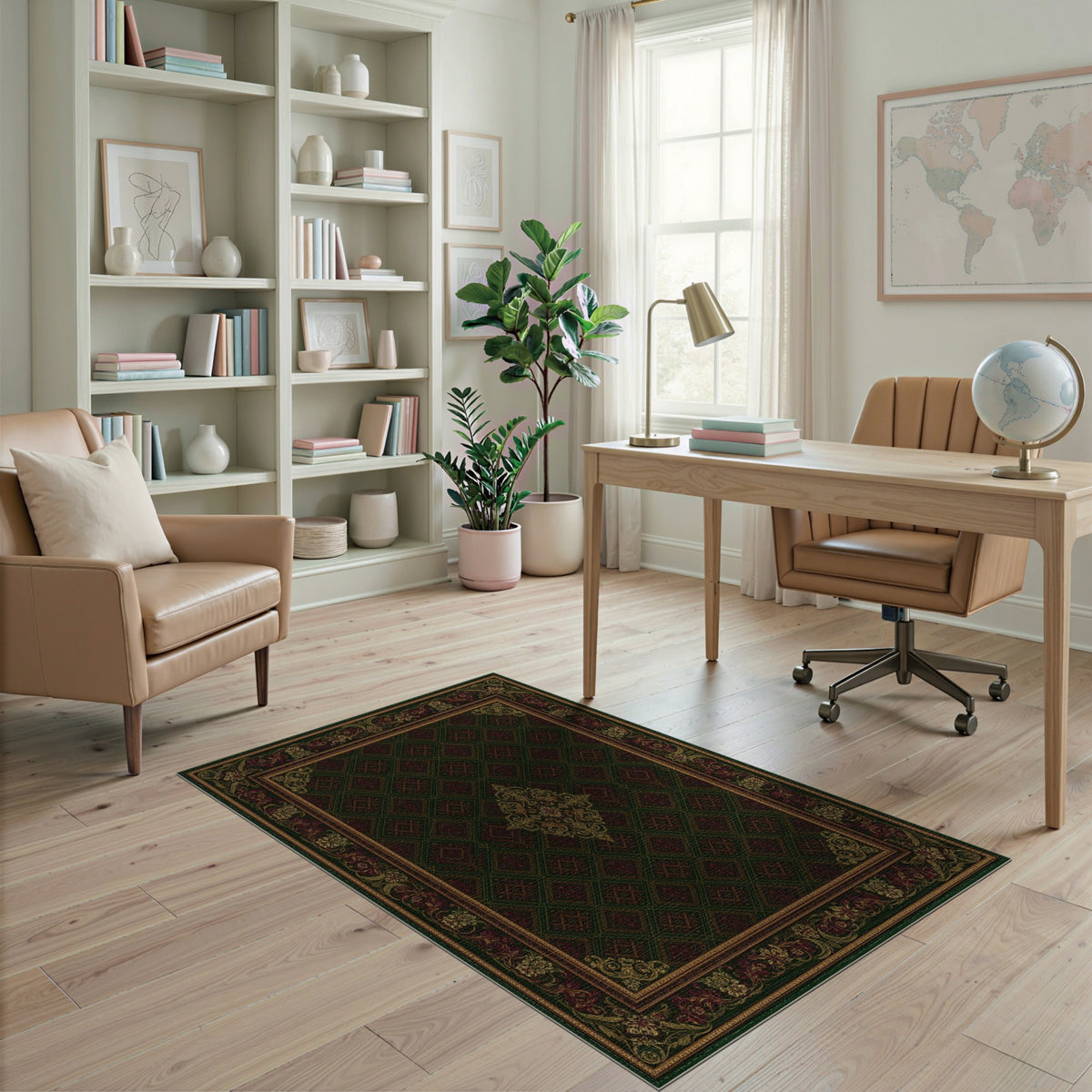 Dark Green Persian Rug with Gold Medallion Border