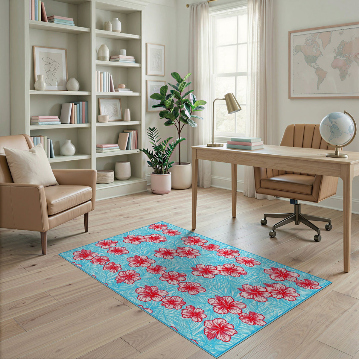 Red Hibiscus Blue Floral Area Rug