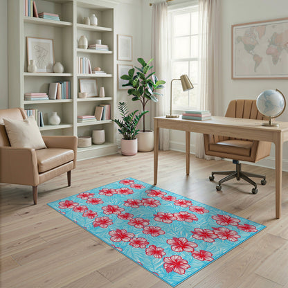 Red Hibiscus Blue Floral Area Rug