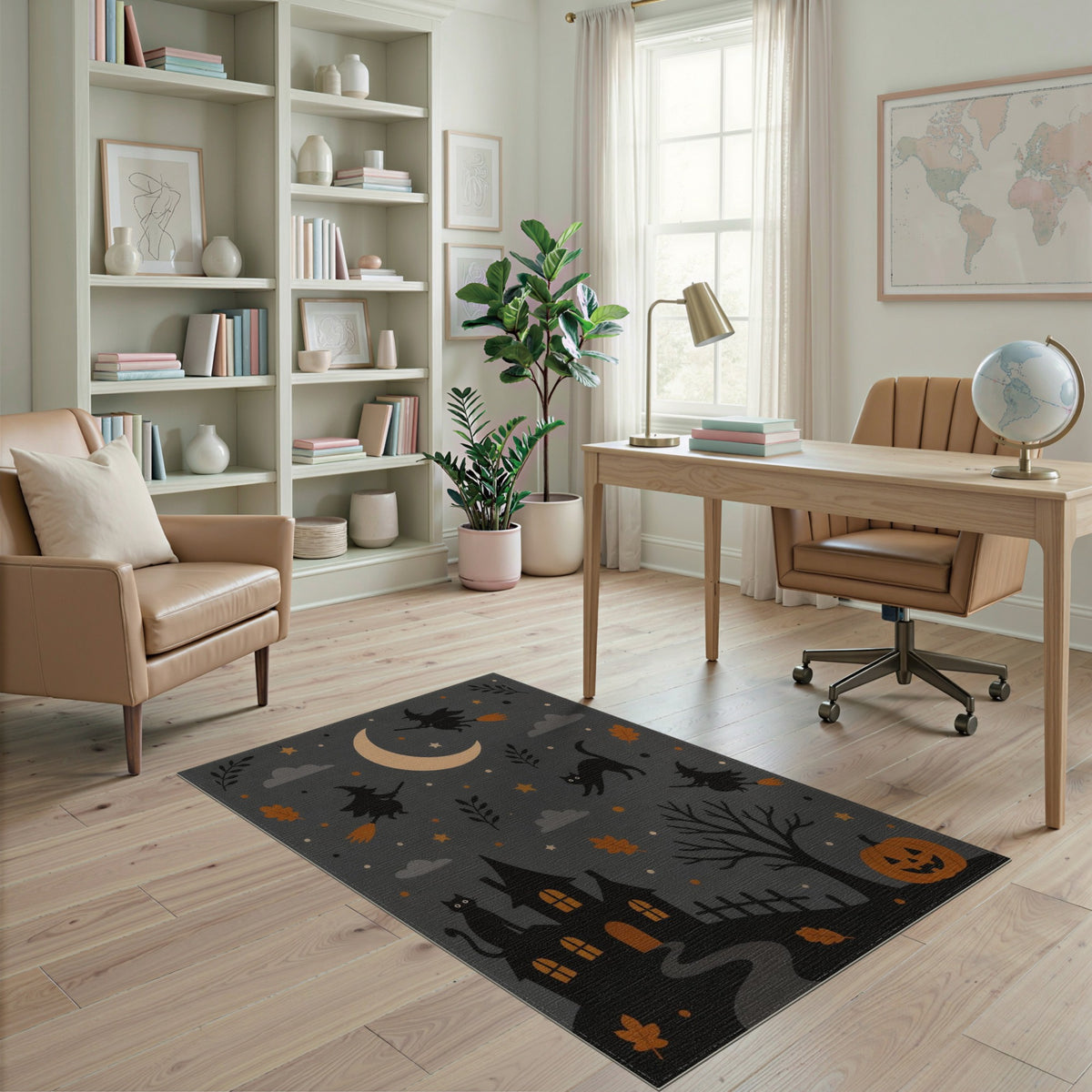 Grey Halloween Witches Cats Kids Cartoon Area Rug