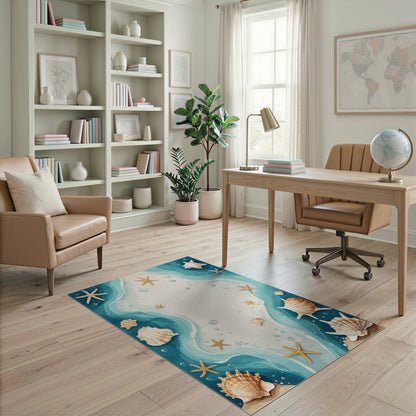 Blue Teal Coastal Seashell Starfish Area Rug