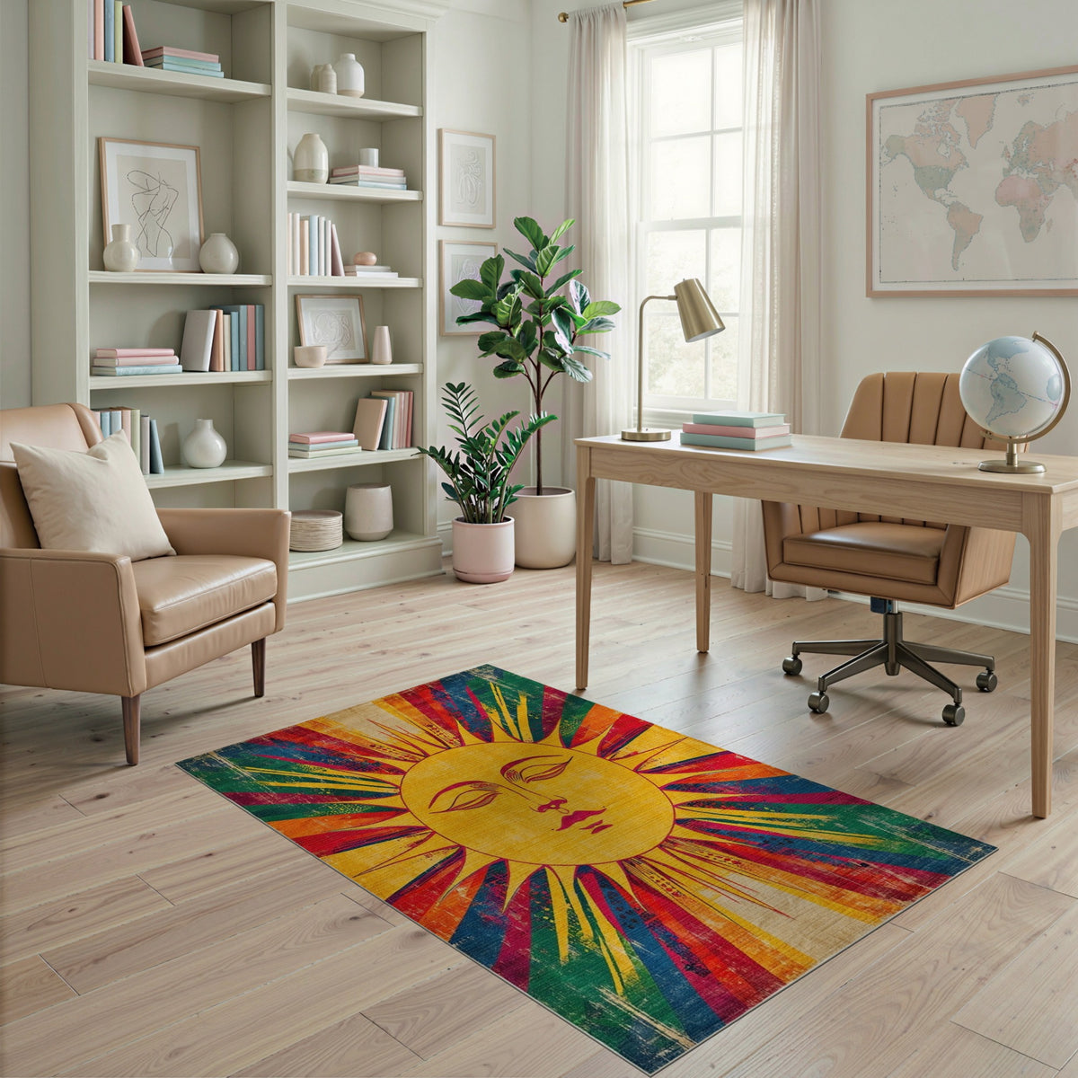 Vibrant Sun Face Distressed Vintage Rug