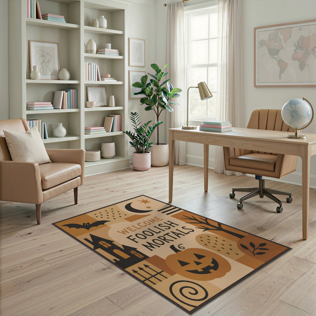 Orange Welcome Foolish Mortals Halloween Area Rug