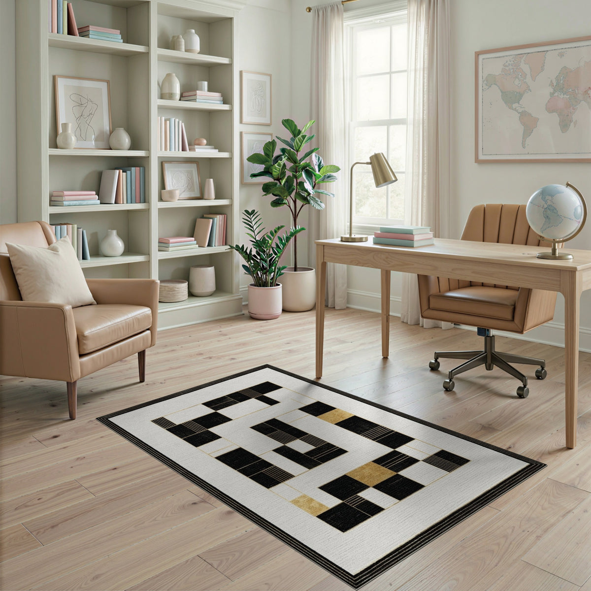 Black and White Black Gold Geometric Modern Area Rug