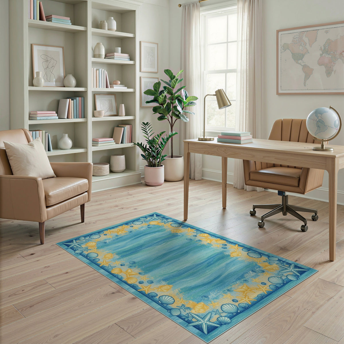 Coastal Blue Wave Seashell Starfish Area Rug