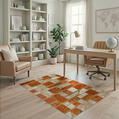 Orange Marble Geometric Mosaic Area Rug