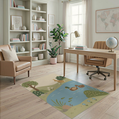 Whimsical Pond Duck Rabbit Kids Area Rug