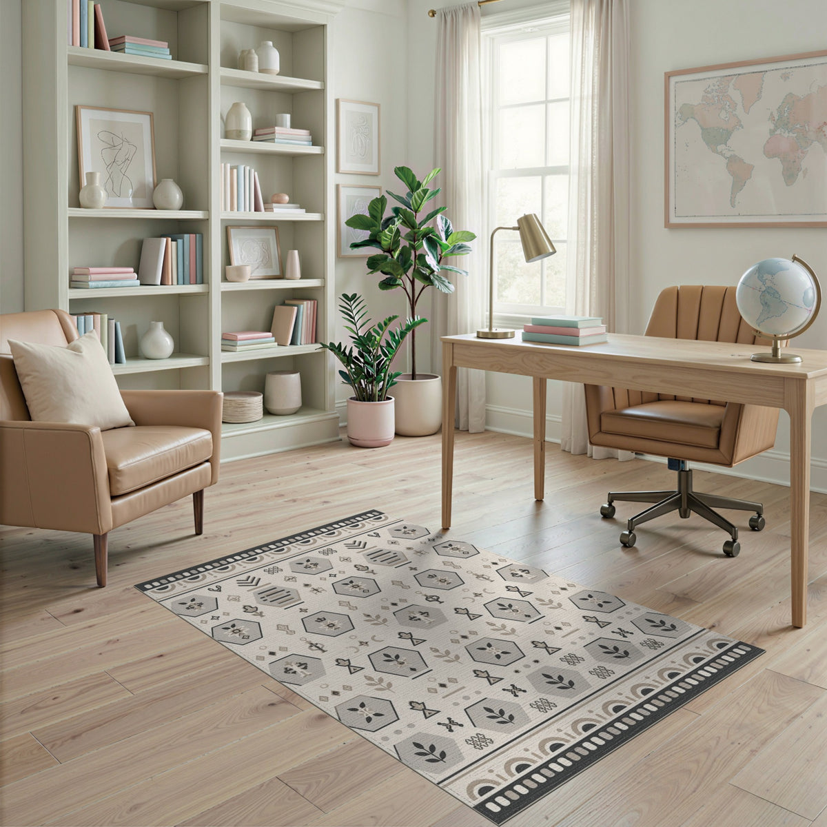 Beige Geometric Hexagon Washable Area Rug