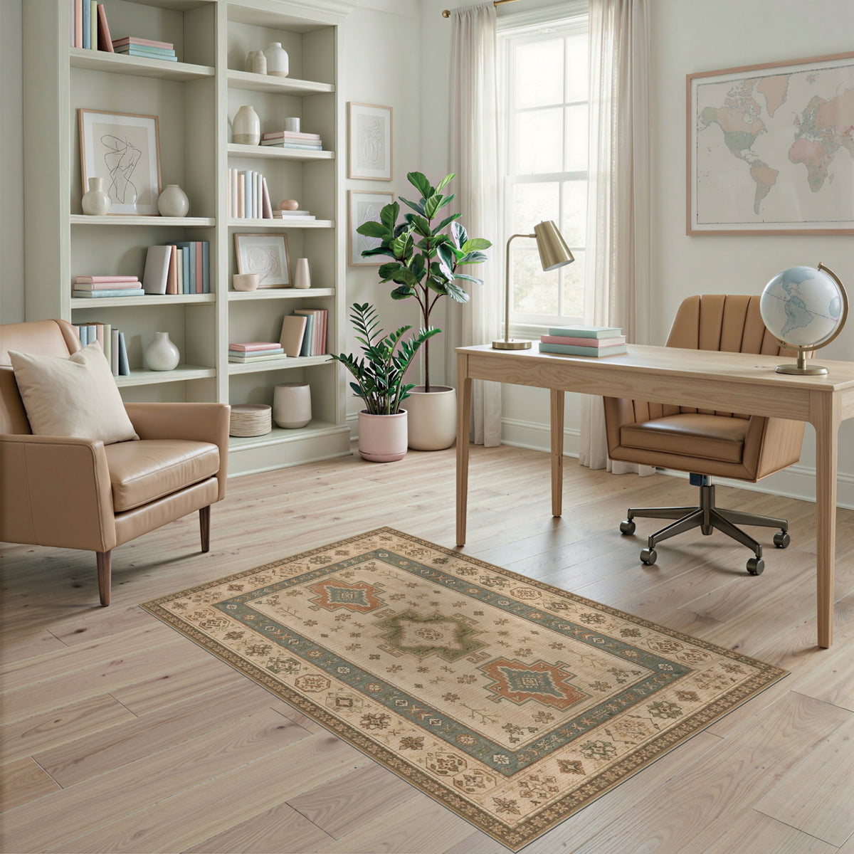 Distressed Vintage Beige Geometric Medallion Area Rug