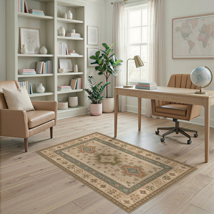 Distressed Vintage Beige Geometric Medallion Area Rug