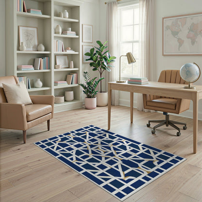 Navy Blue Geometric Lattice Blue and Teal Area Rug