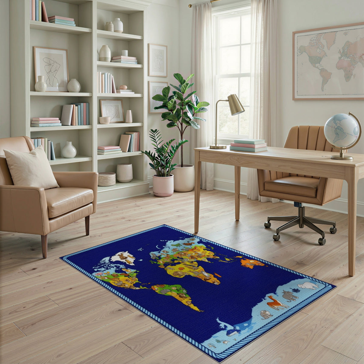 World Map Animals Kids Area Rug