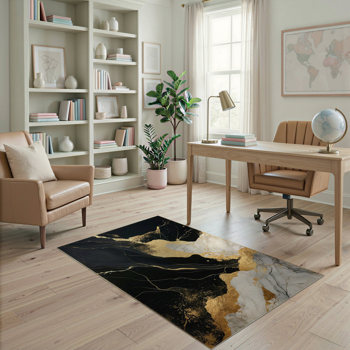 Black and White Black Gold Abstract Marble Area Rug