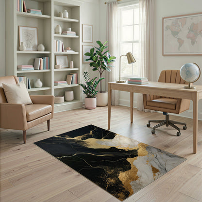 Black and White Black Gold Abstract Marble Area Rug