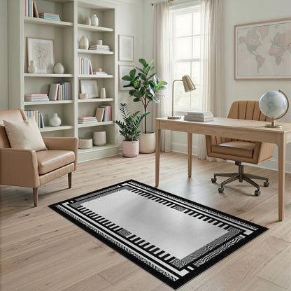 Black White Geometric Zebra Border Rug