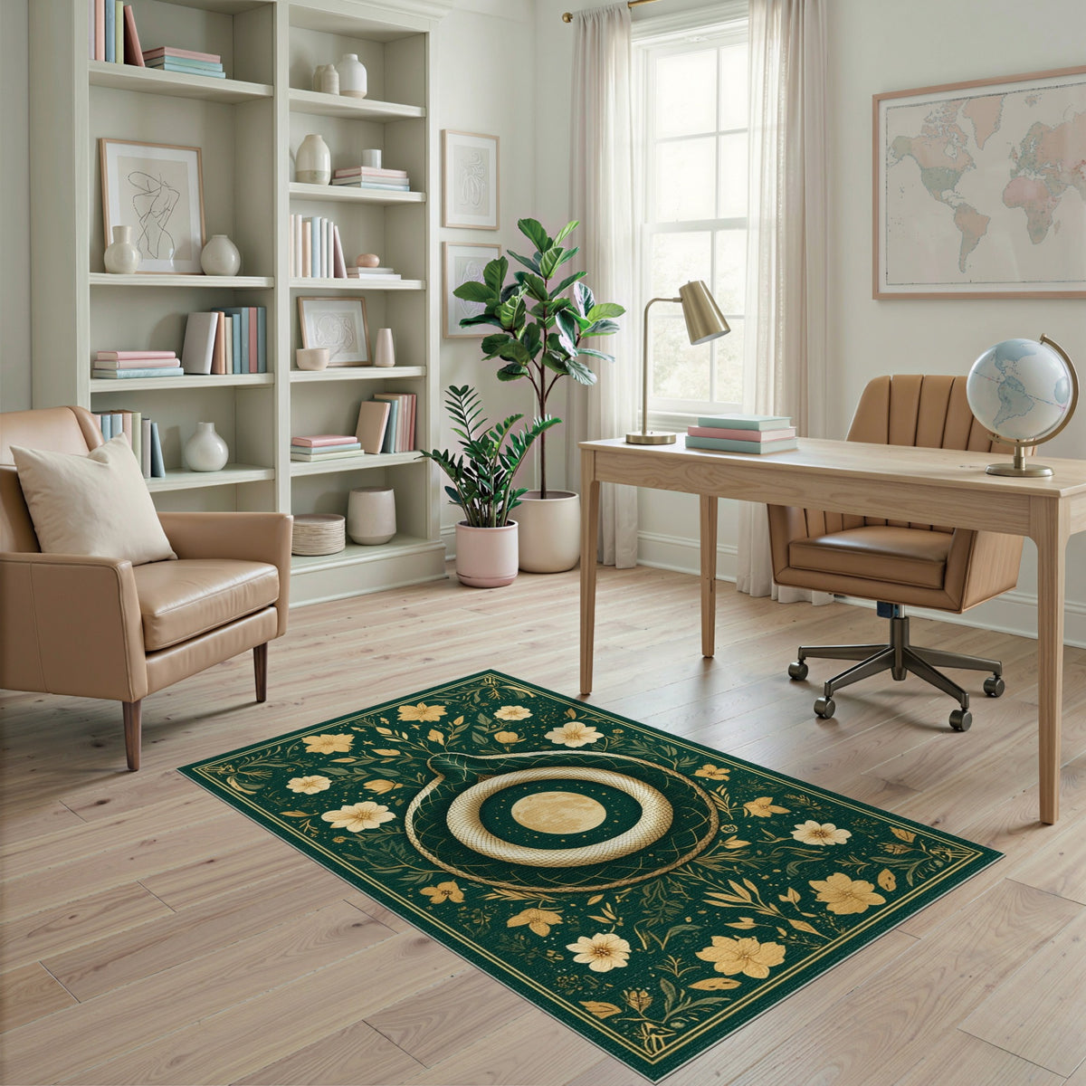 Golden Serpent Moon Floral Green Area Rug