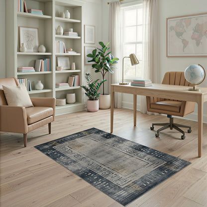 Grey Distressed Vintage Area Rug with Greek Key Border