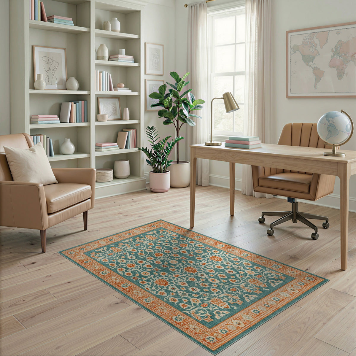 Teal Floral Vintage Area Rug with Orange Accents