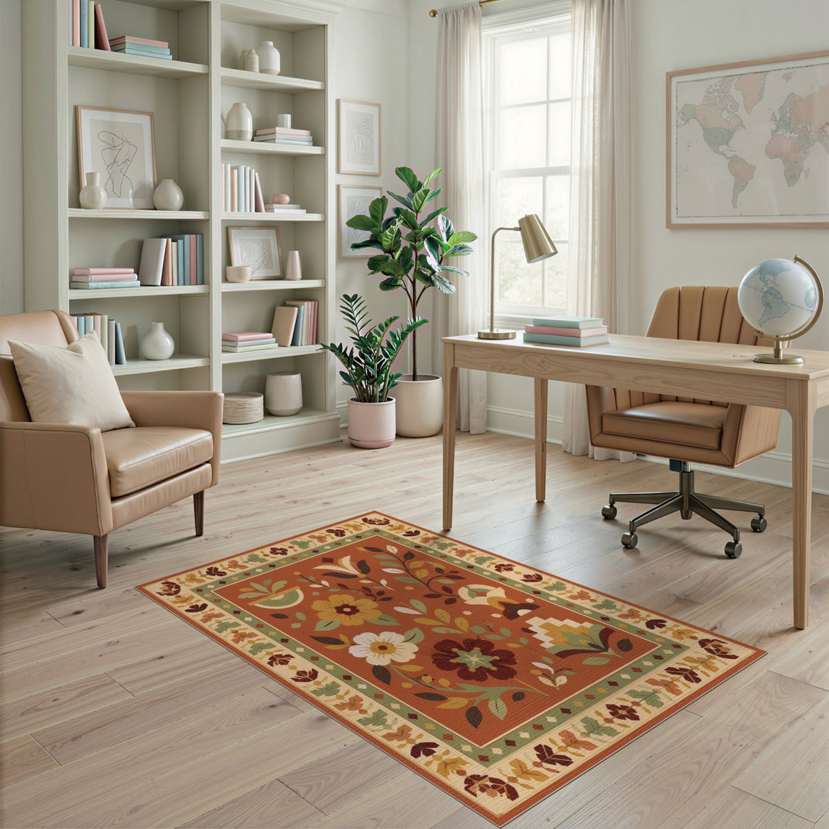 Orange Terracotta Floral Vintage Area Rug