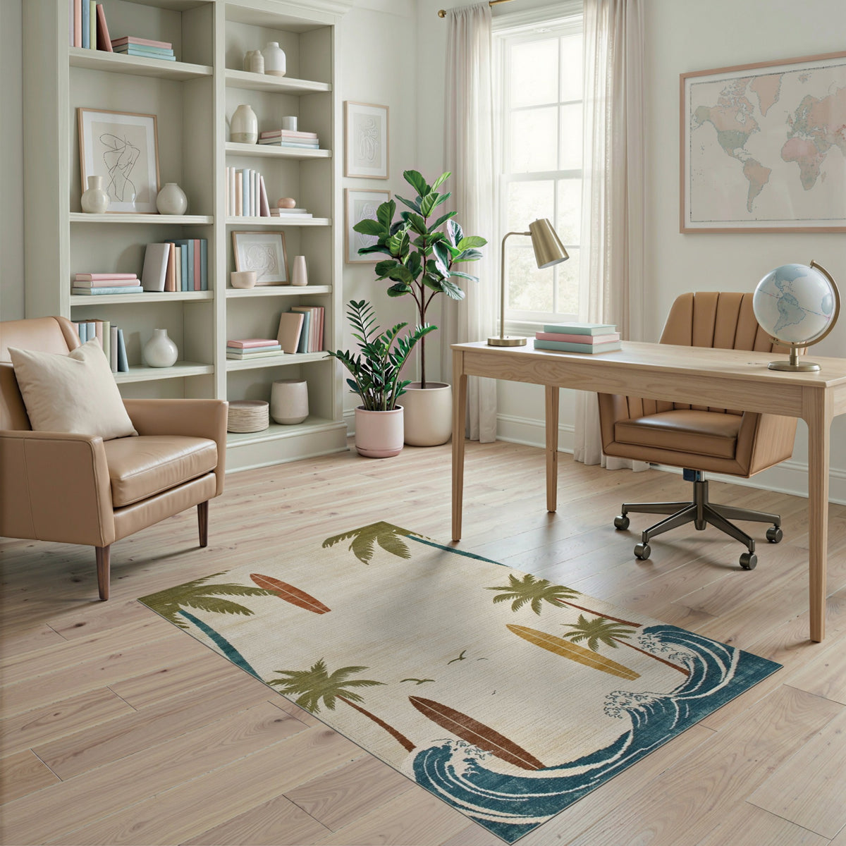 Coastal Beach Palm Tree Surfboard Beige Area Rug