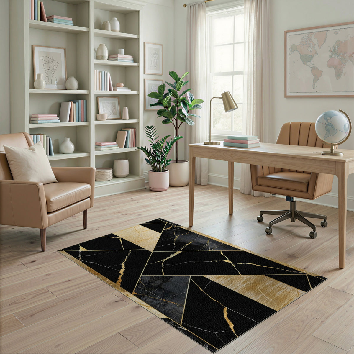 Black and White Black Gold Geometric Marble Area Rug