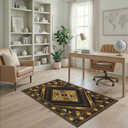 Black Gold Tribal Diamond Area Rug