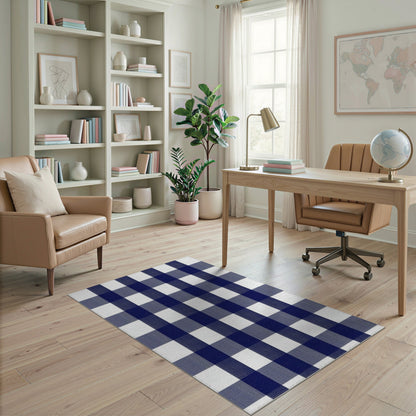 Washable Geometric Modern Navy Blue Checkered Washable Area Rug