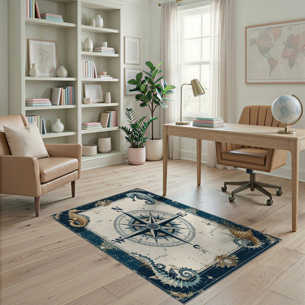 Vintage Compass Seahorse Blue Area Rug