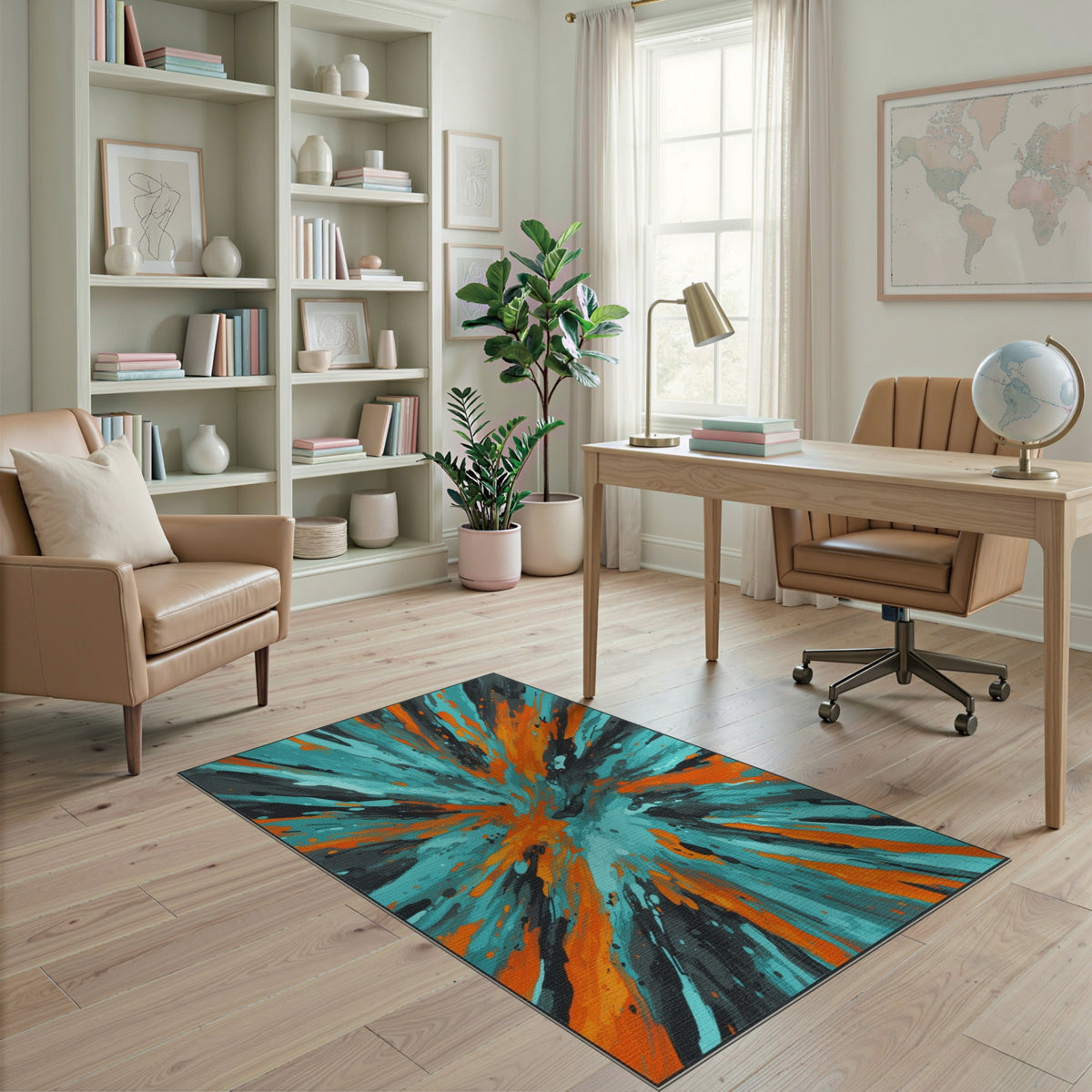 Teal Orange Abstract Burst Area Rug