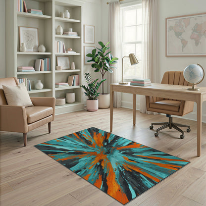 Teal Orange Abstract Burst Area Rug