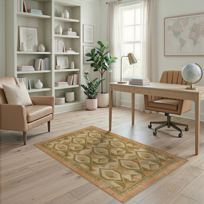 Distressed Green Geometric Diamond Area Rug