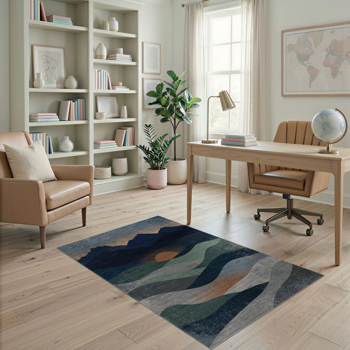 Distressed Blue Teal Mountain Sunset Area Rug