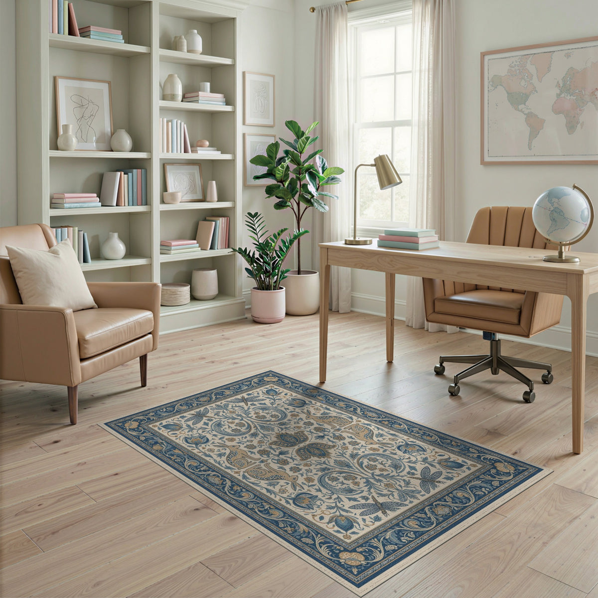 Blue Teal Floral Vintage Rabbit Area Rug